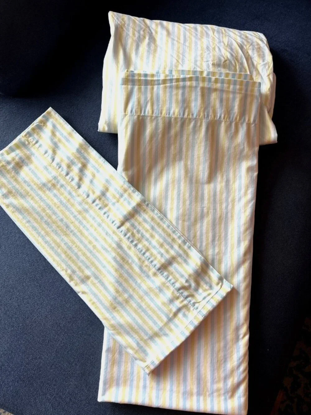 POTTERY BARN KIDS Twin Sheet Set 3 Pc Green Blue Stripe Organic Cotton Portugal